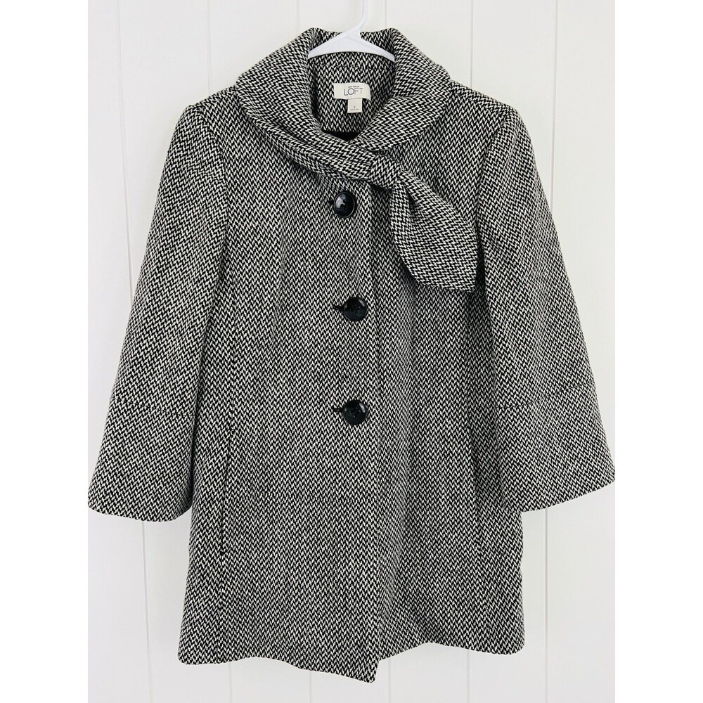 Ann Taylor Loft Black & White Tweed Tie Neck Triple Button Dress Pea Coat Size 6